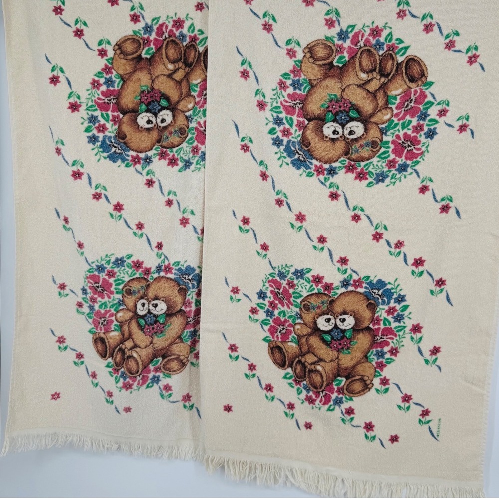 Vintage Franco Teddy Bear Floral Bath Towel Fringe Cream Made in USA Cottagecore